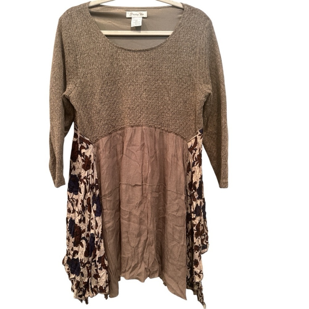 Chocolate Brown & Floral Tunic/Fall Dress  Scoop Neck Boho Flowy Casual  Sz M